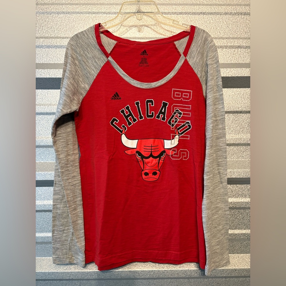 Adidas Red and Gray Long Sleeve Chicago Bulls Tee